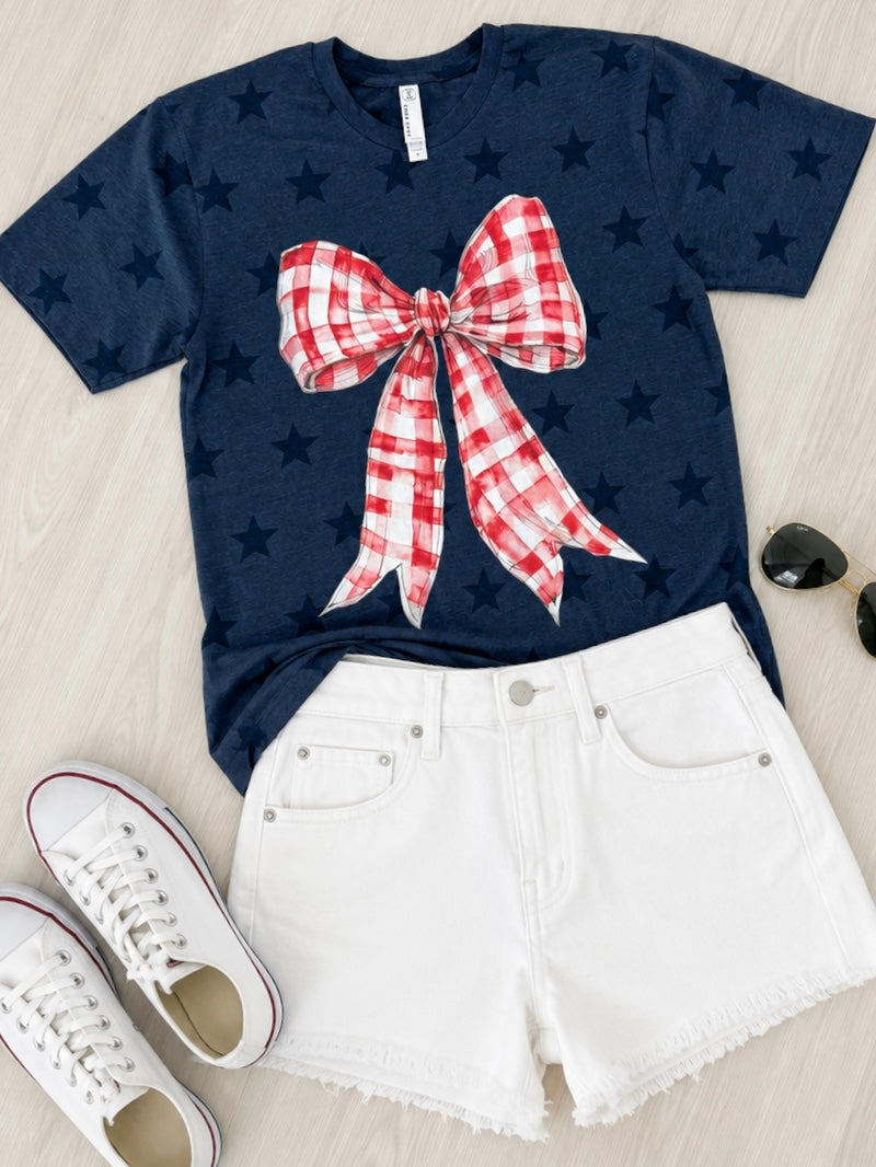 Navy Stars & Gingham Bow Graphic Tee