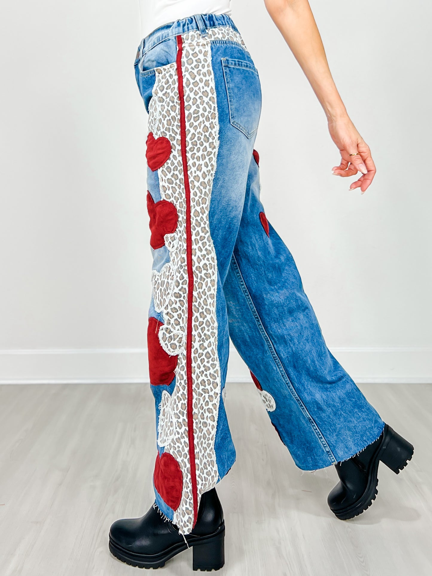 Washed Heart and Leopard Mix Straight Jeans
