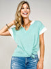 Open Knit Split V-Neckline Short Sleeve Top