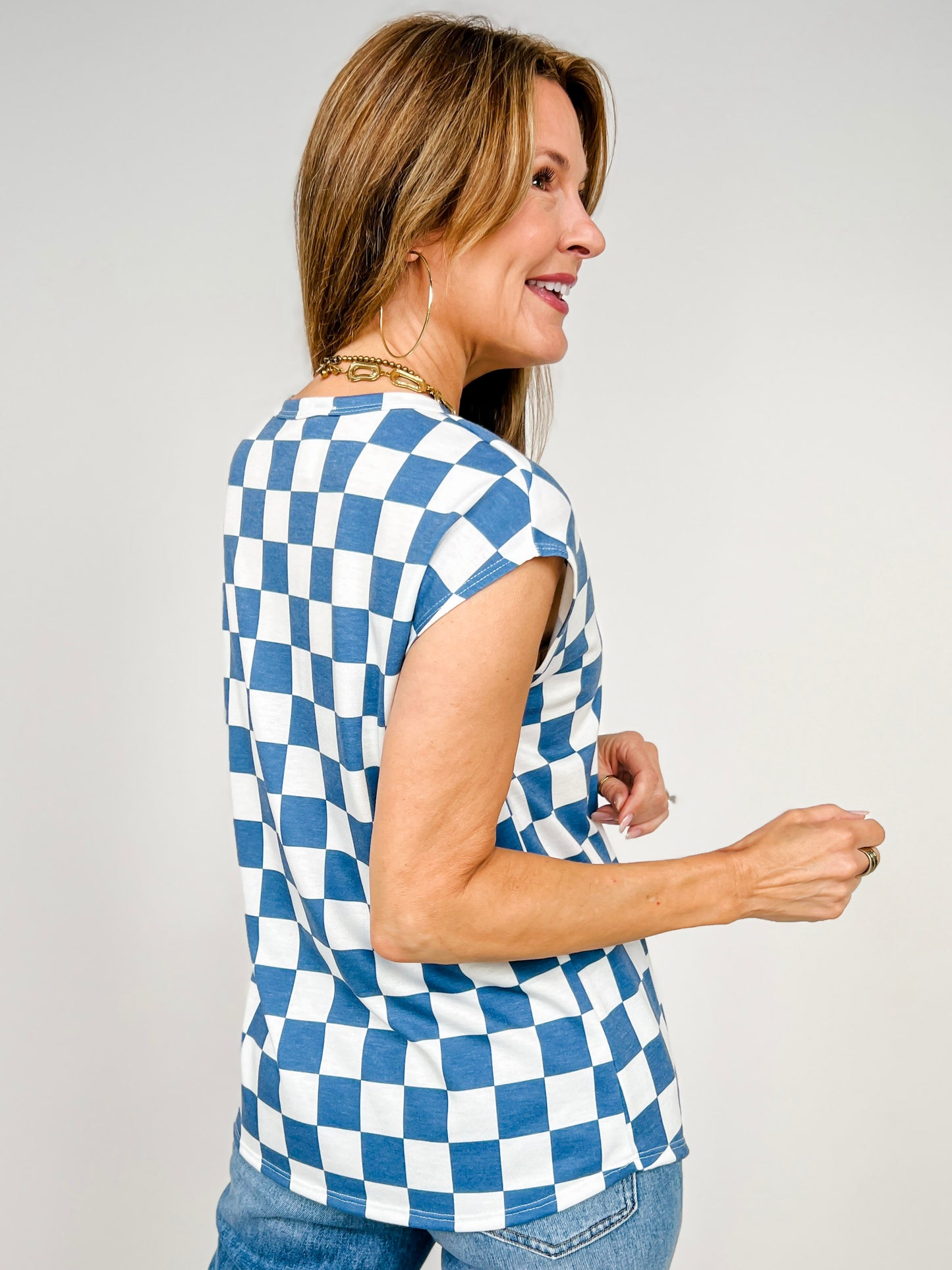 Short Sleeve Checkered Print Casual Knit Tee