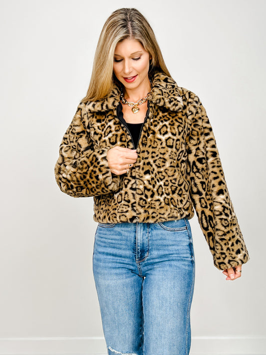 Zipper Closure Animal Print Faux Fur Jacket