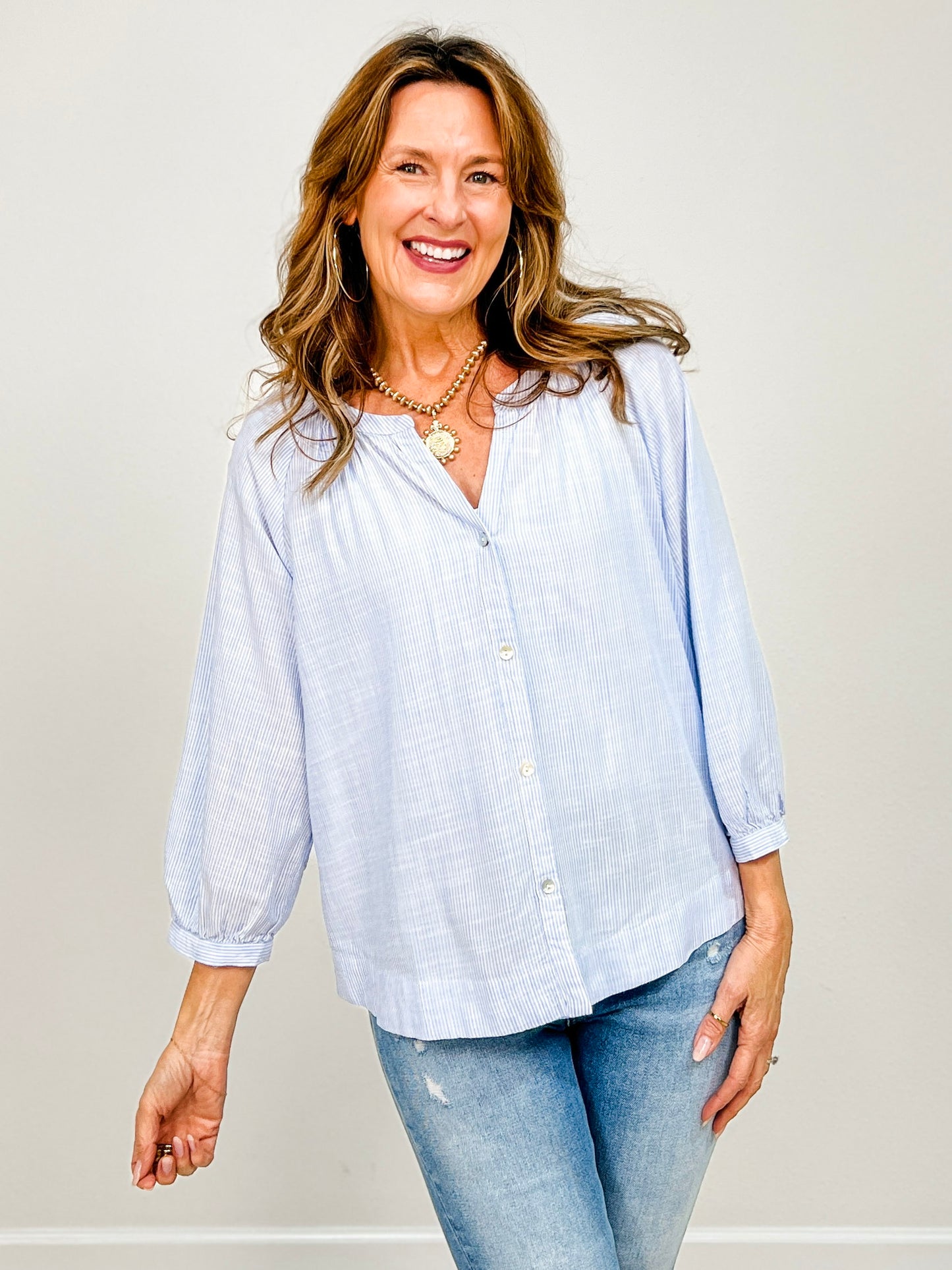 3/4 Balloon Sleeve Button Up Peasant Top