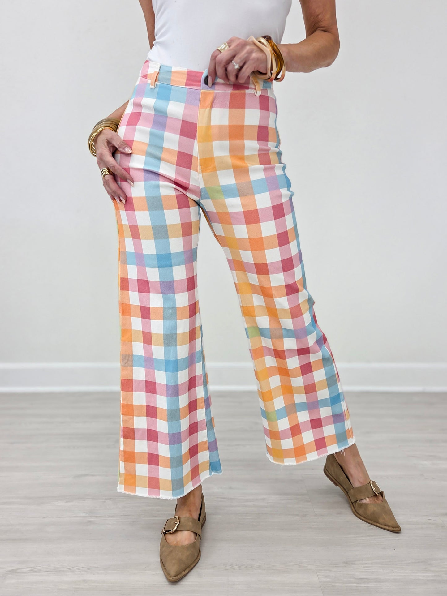 Comfort Stretch Gingham Wide Leg Jean-Pastel Multi