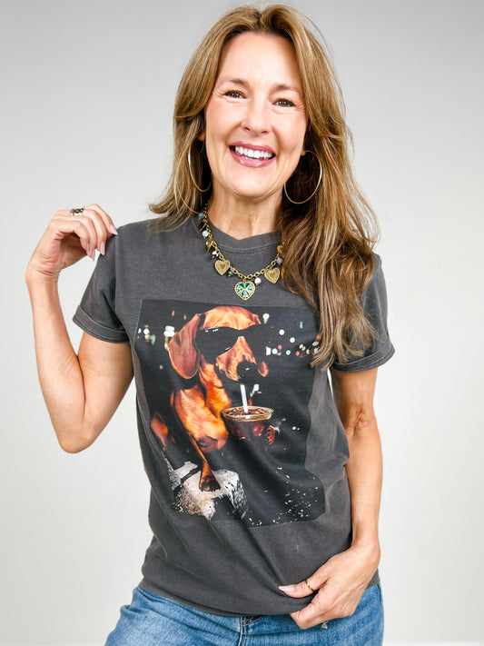 Dachshund Drinking Iced Coffee Graphic Tee