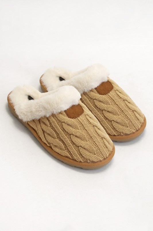 Snuggle Soles Cable Knit Faux Fur Lined Slippers in Tan