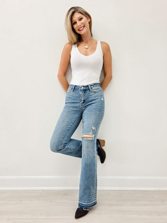 Judy Blue American Girl Mid-Rise Distressed Hem Bootcut Jeans