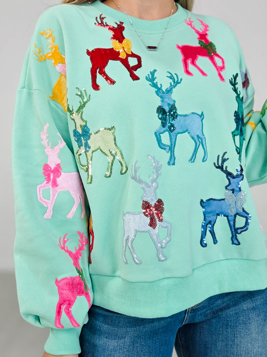 Queen of Sparkles Mint Green Sweatshirt With Velvet Reindeers & Bows