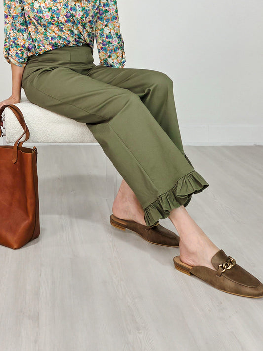 Stretch Front Pocket Ruffle Hem Twill Pants