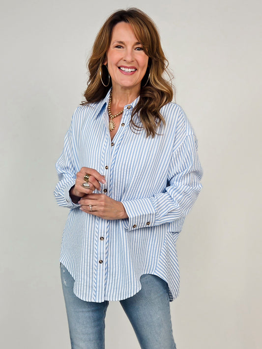 Striped Long Sleeve Button Down Collared Top