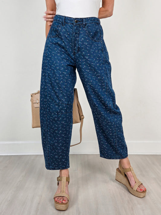 Washed Floral Print Barrel Leg Denim Pants