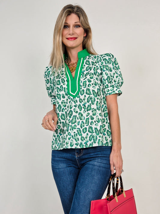 Short Puff Sleeve Split Neck Leopard Print Top