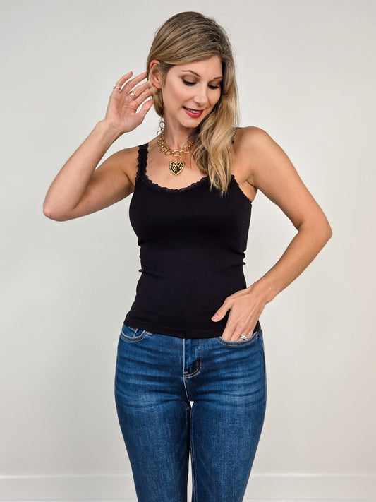 Stretchy Ribbed Seamless Lace Trim Tank Top - BASIC COLORS