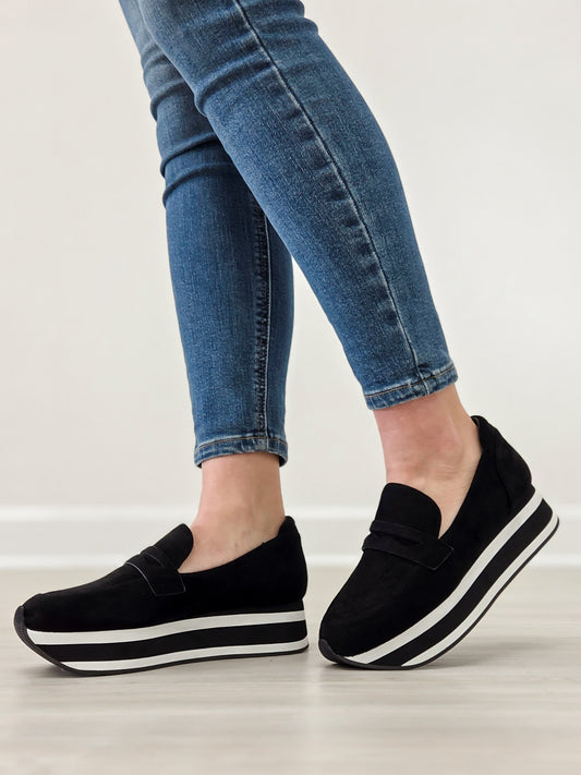 Corkys Sheesh Platform Loafers in Black Faux Suede