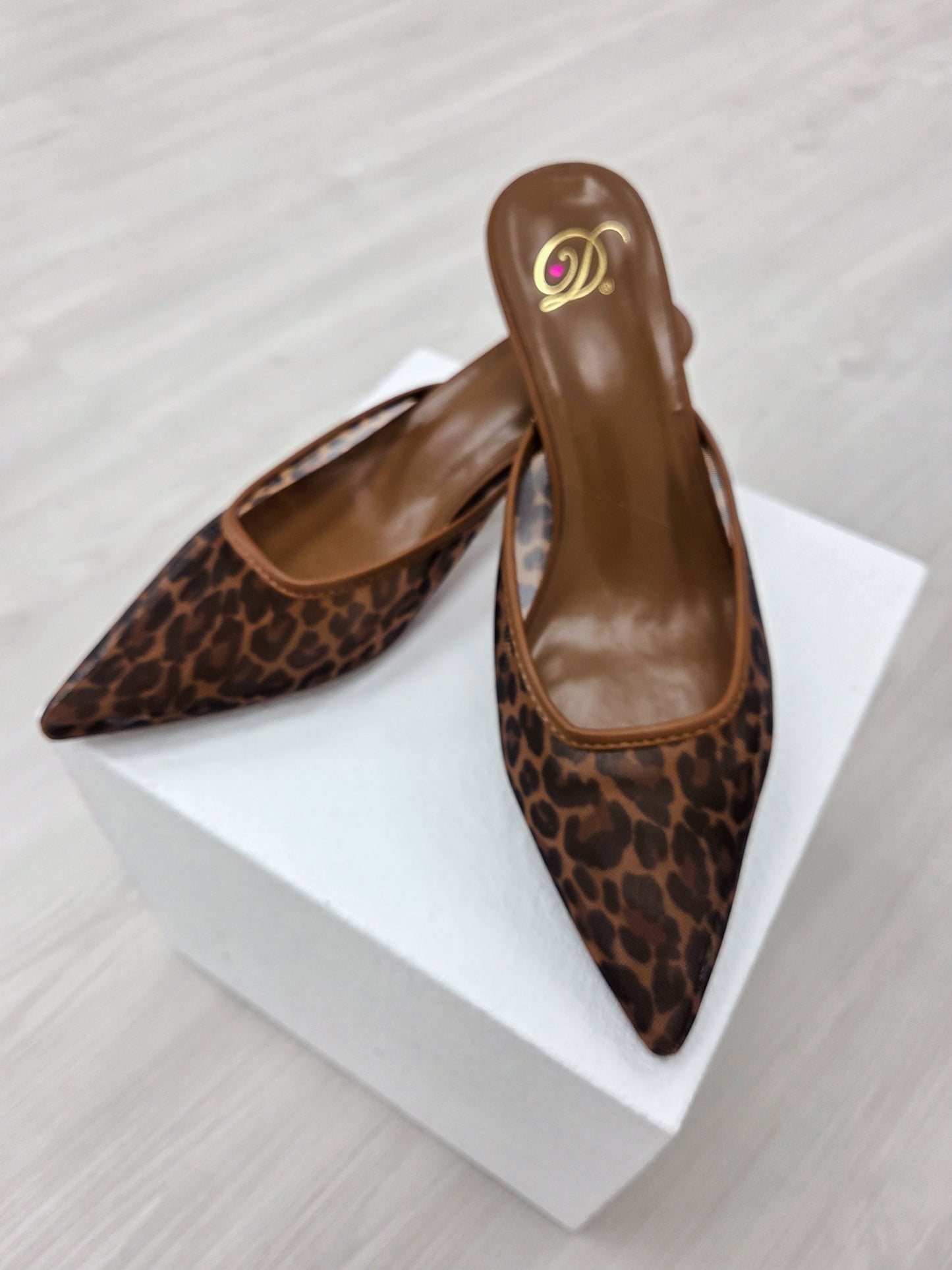 Leopard Print Sheer Mesh Pointed Toe Mule Heels