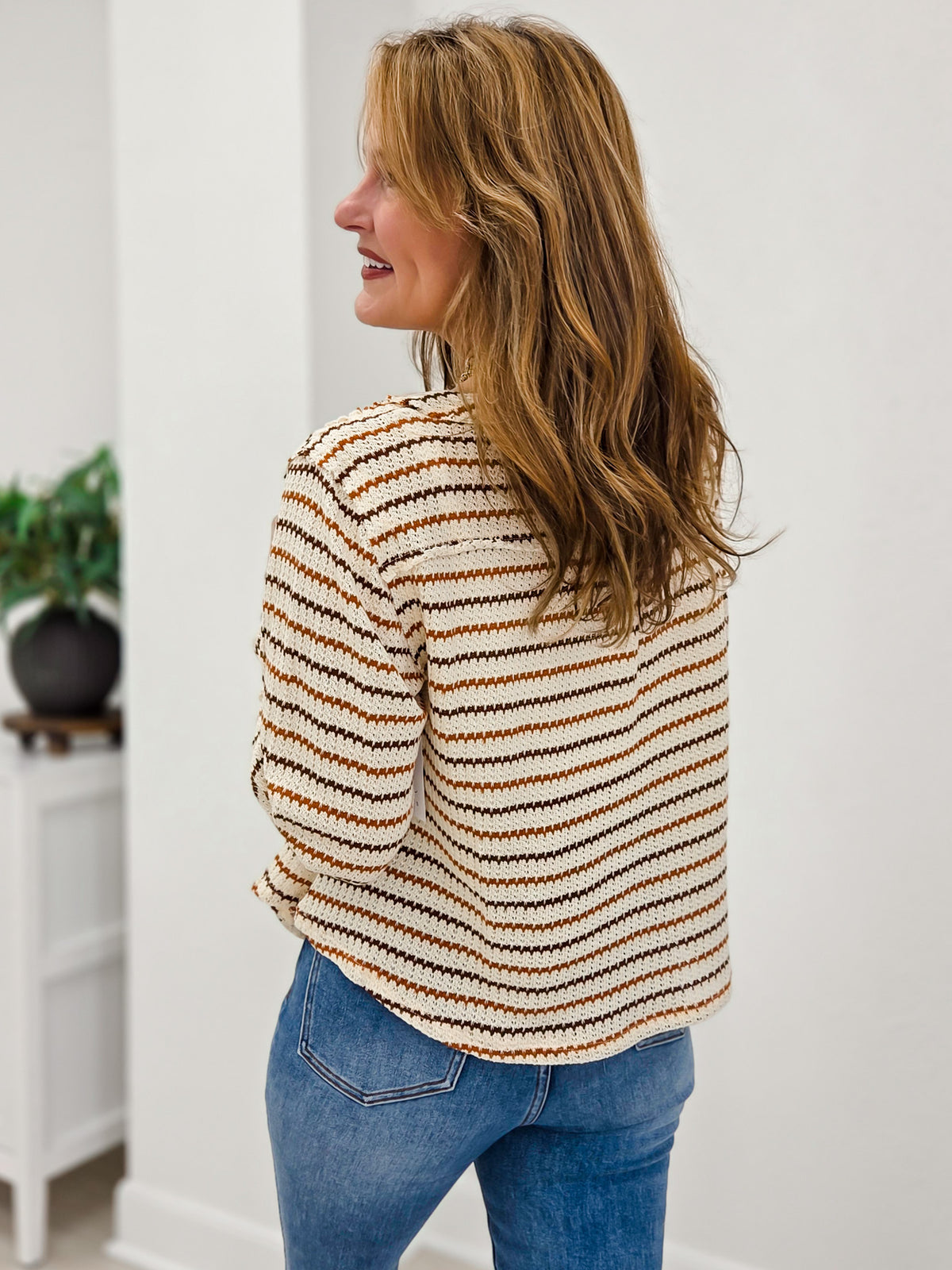 Multicolor Stripe Long Sleeve Yoke Detail Knit Top