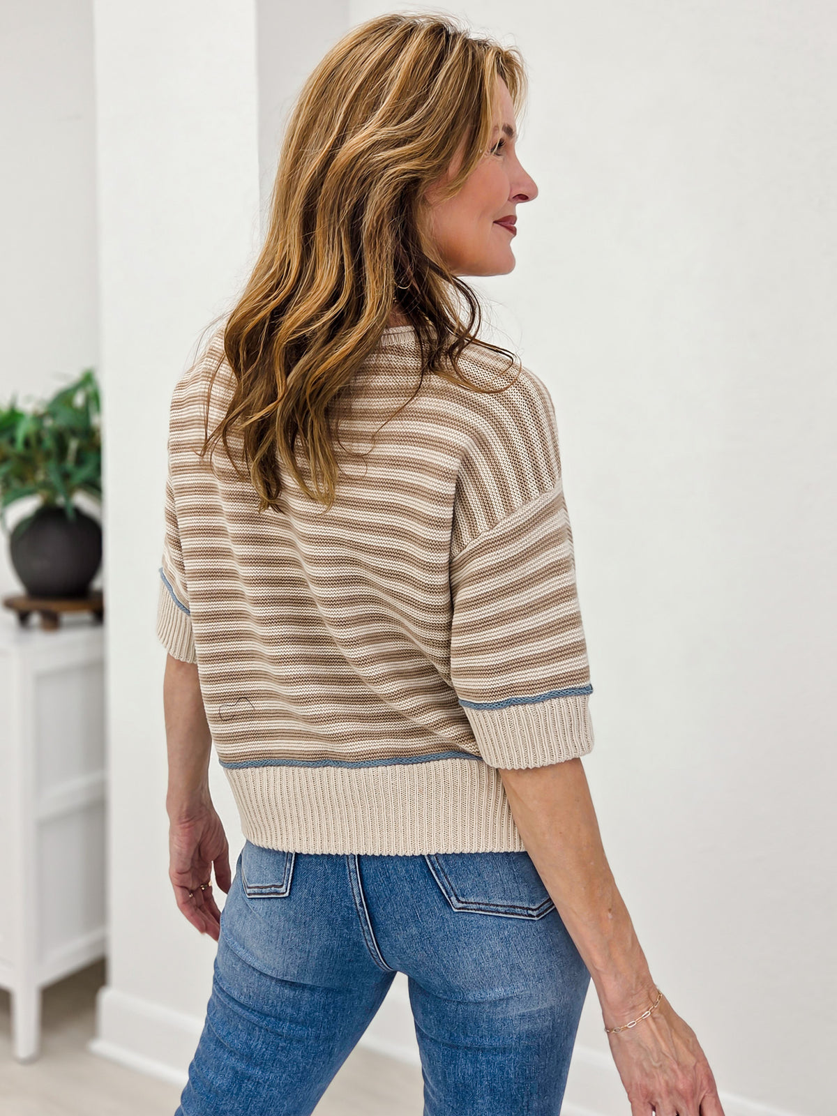 Stripe Raw Edge Detail Contrast Trim Sweater