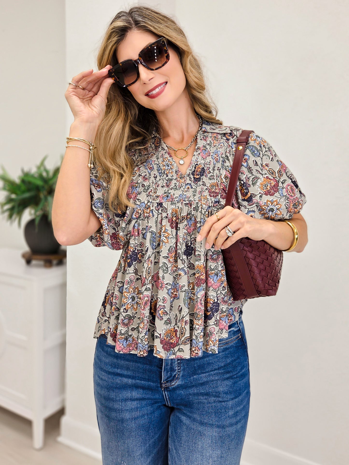 Floral Smocked Puff Sleeve V-neck Blouse