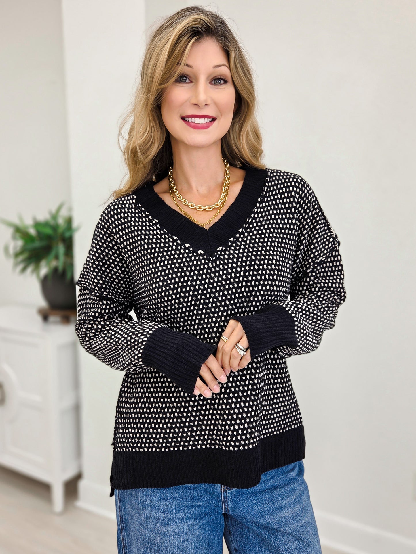 Contrast Stitch V Neck Sweater