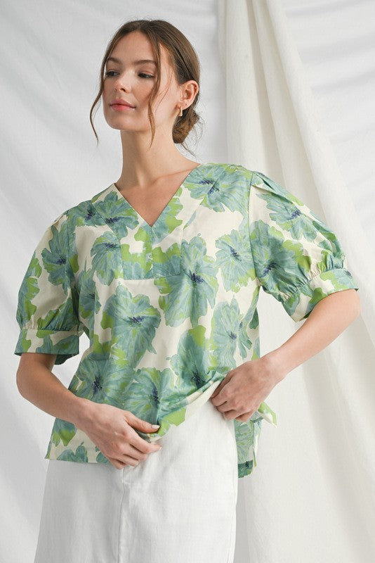 Flower Print Puffed Short Sleeve V-Neck Top