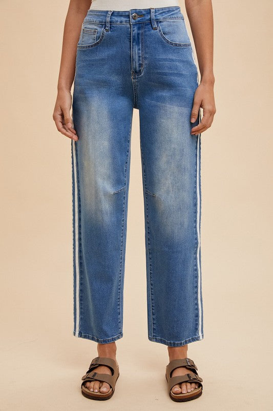 Side Tape Detail Stretch Cropped Balloon Leg Jean