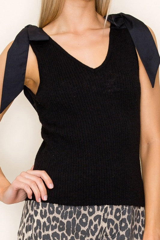 Shoulder Tie Sleeveless Solid Knit Top