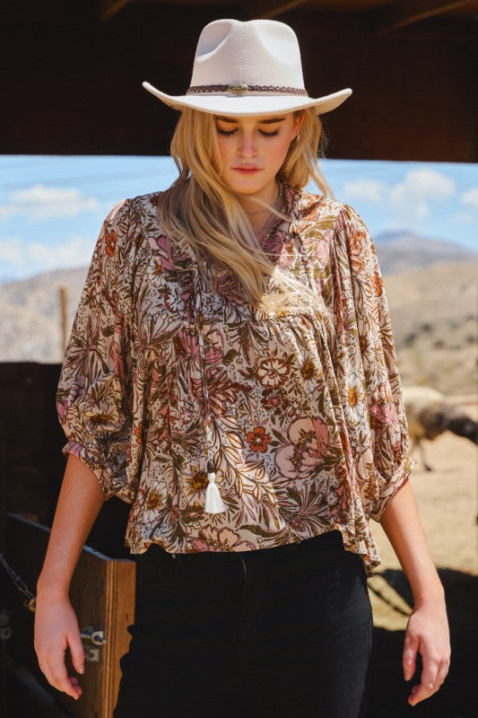 3/4 Sleeve Bohemian Floral Peasant Top