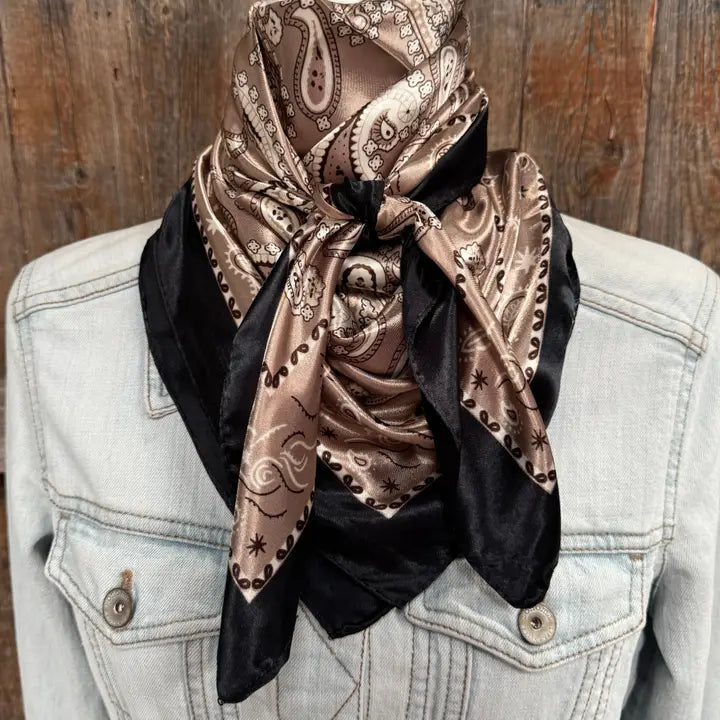 35X35" Black and Tan Floral Paisley Wild Rag / Scarf