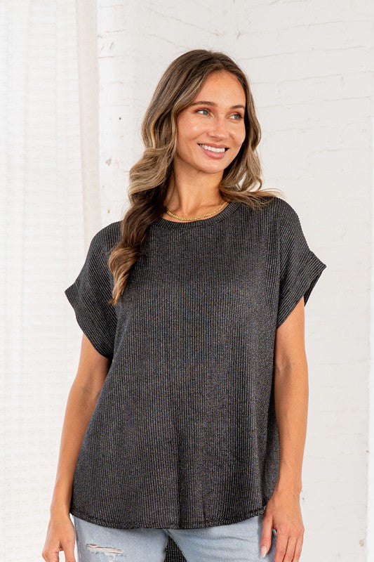 Cap Sleeve Crew Neck Ribbed Textured Top