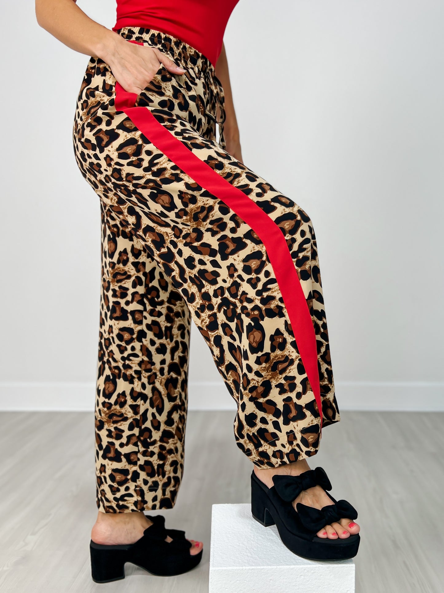 Elastic Waist Leopard Pants with Contrast Color Stripe Sides