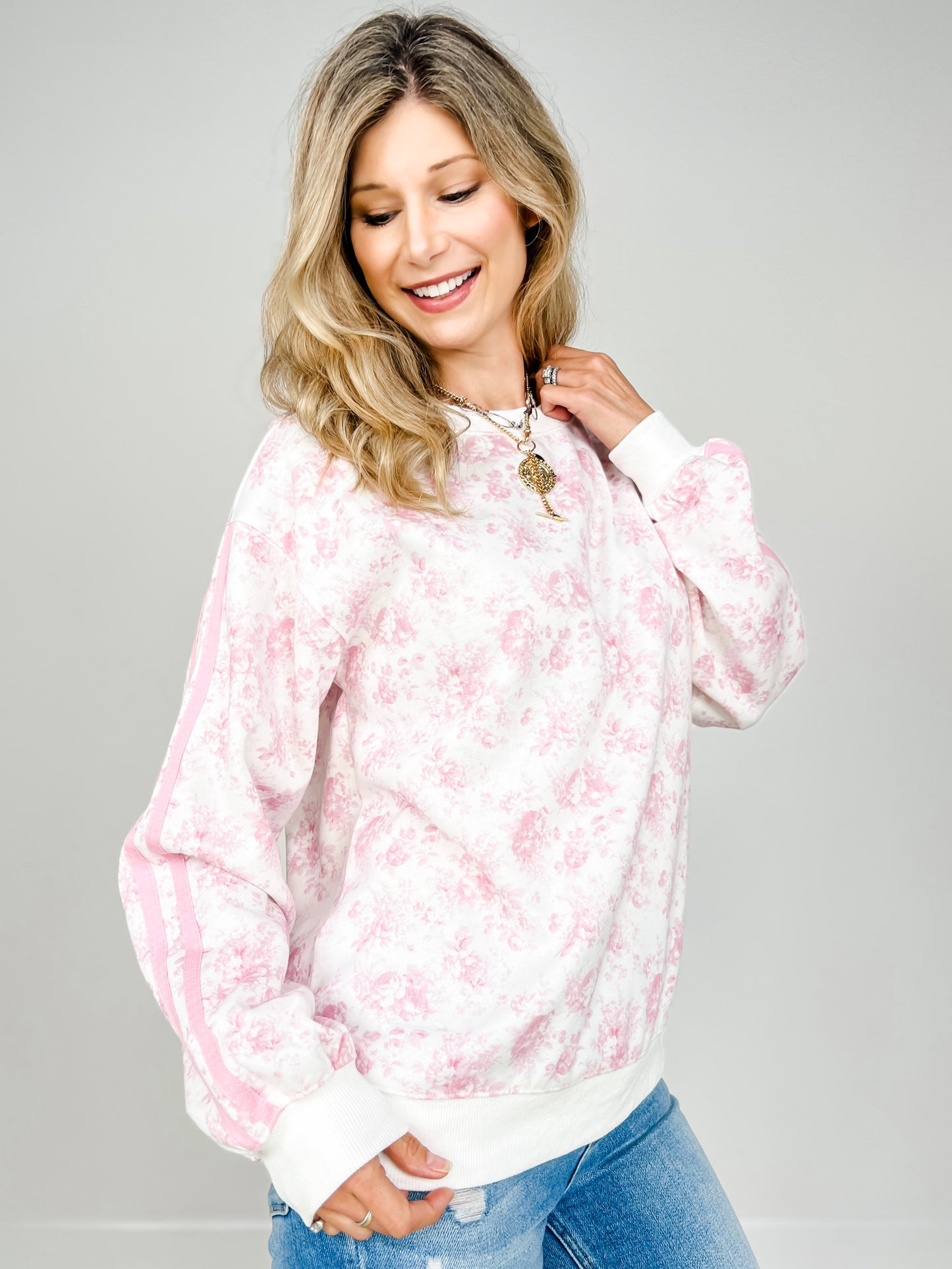 Double Line Floral French Terry Sweatshirt