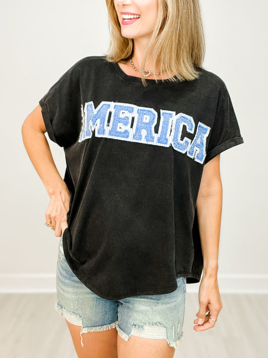Washed Jersey Short Sleeve Top With America Patch