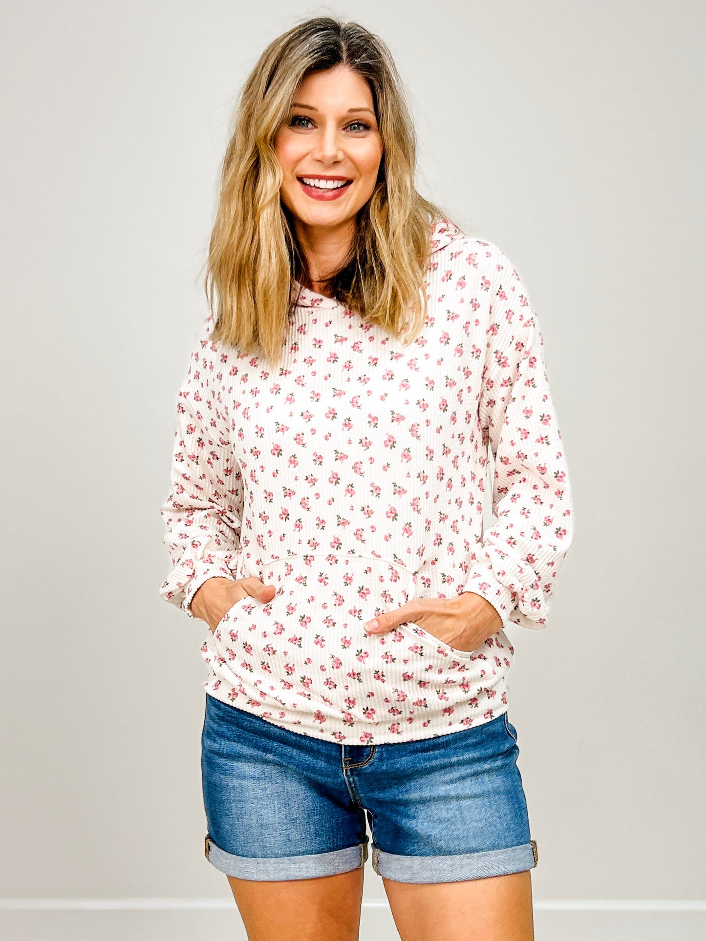 Long Sleeve Floral Print Ribbed Hoodie Top