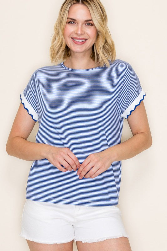 Scallop Hem Sleeve Pinstriped Top