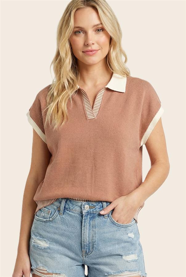 Collared Short Sleeve Accented Sweater Top