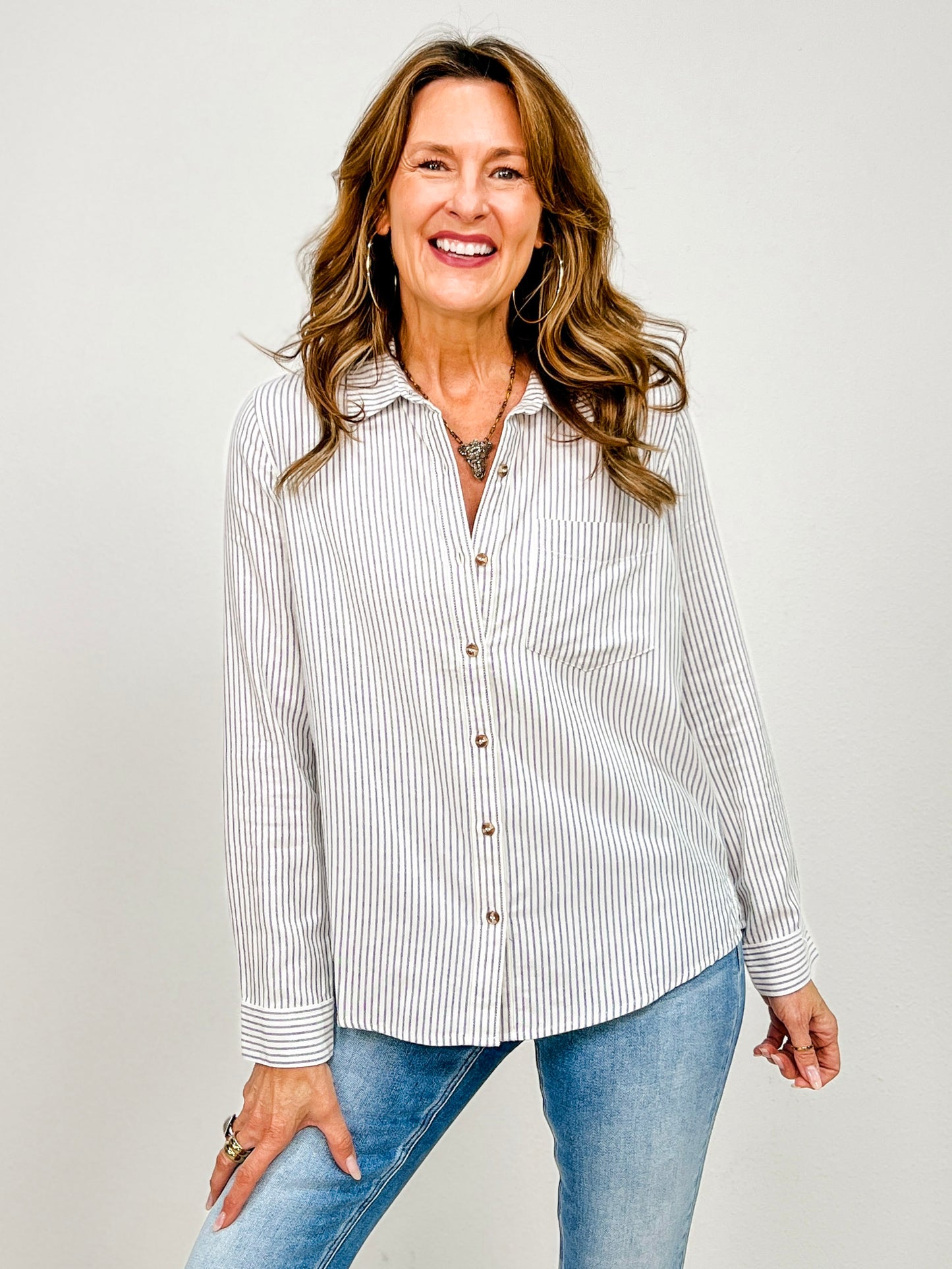 Pinstripe Cotton Long Sleeve Button Up Shirt