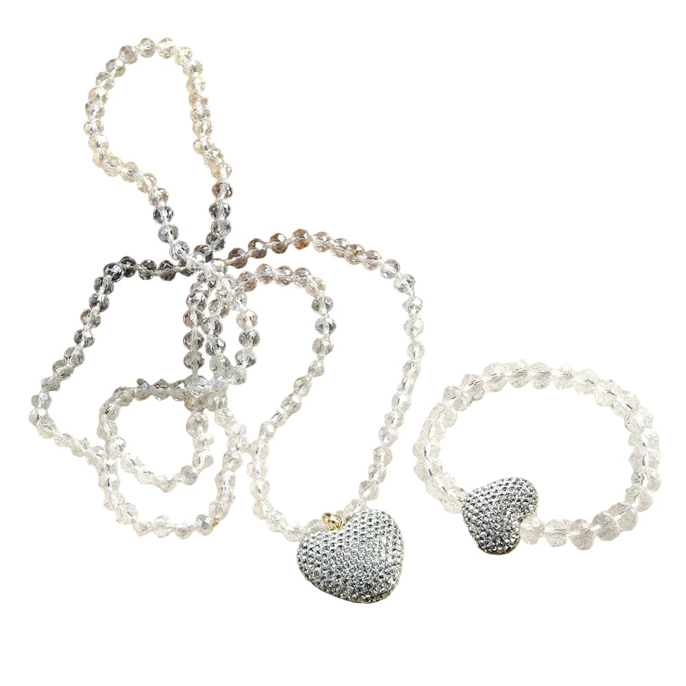 Rhinestone Heart Beaded Necklace and Bracelet Set