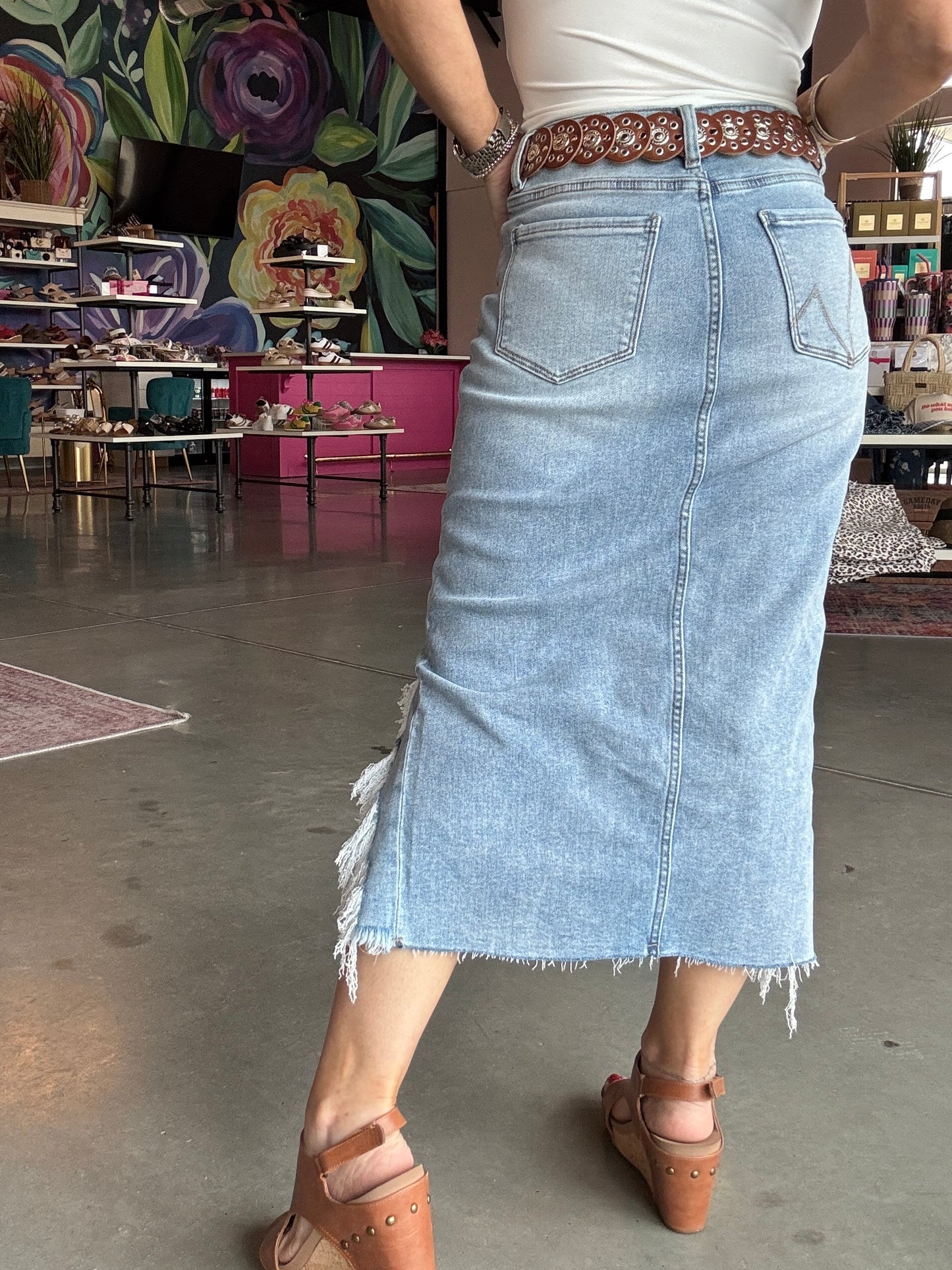 MICA Denim High Waisted Midi Skirt With Distressing