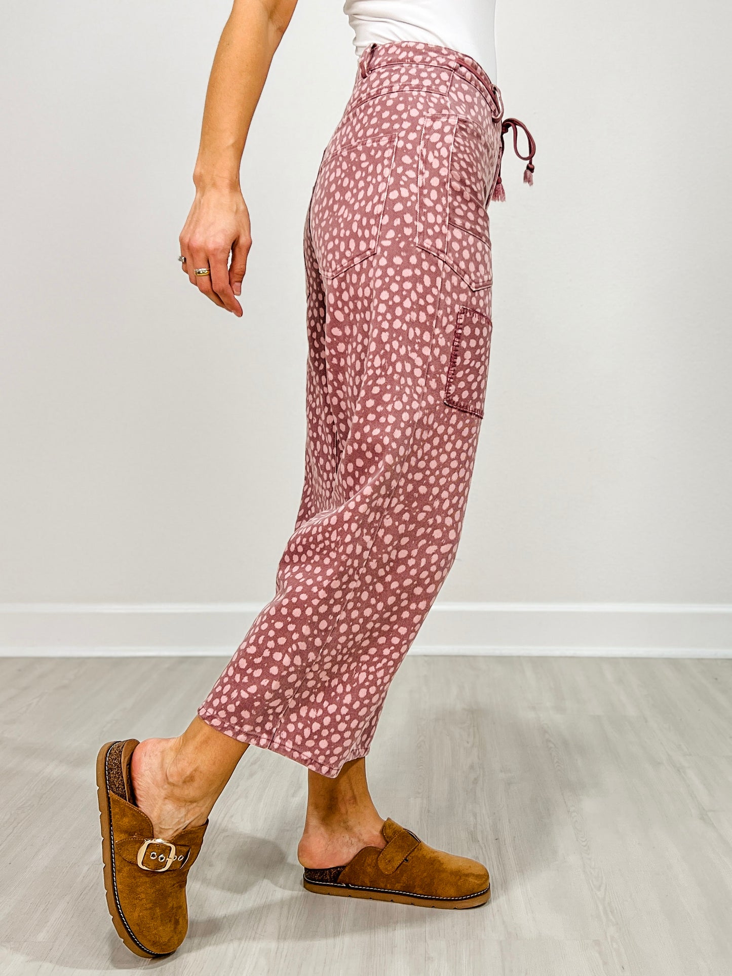 Animal Print Washed Twill Barrel Jeans