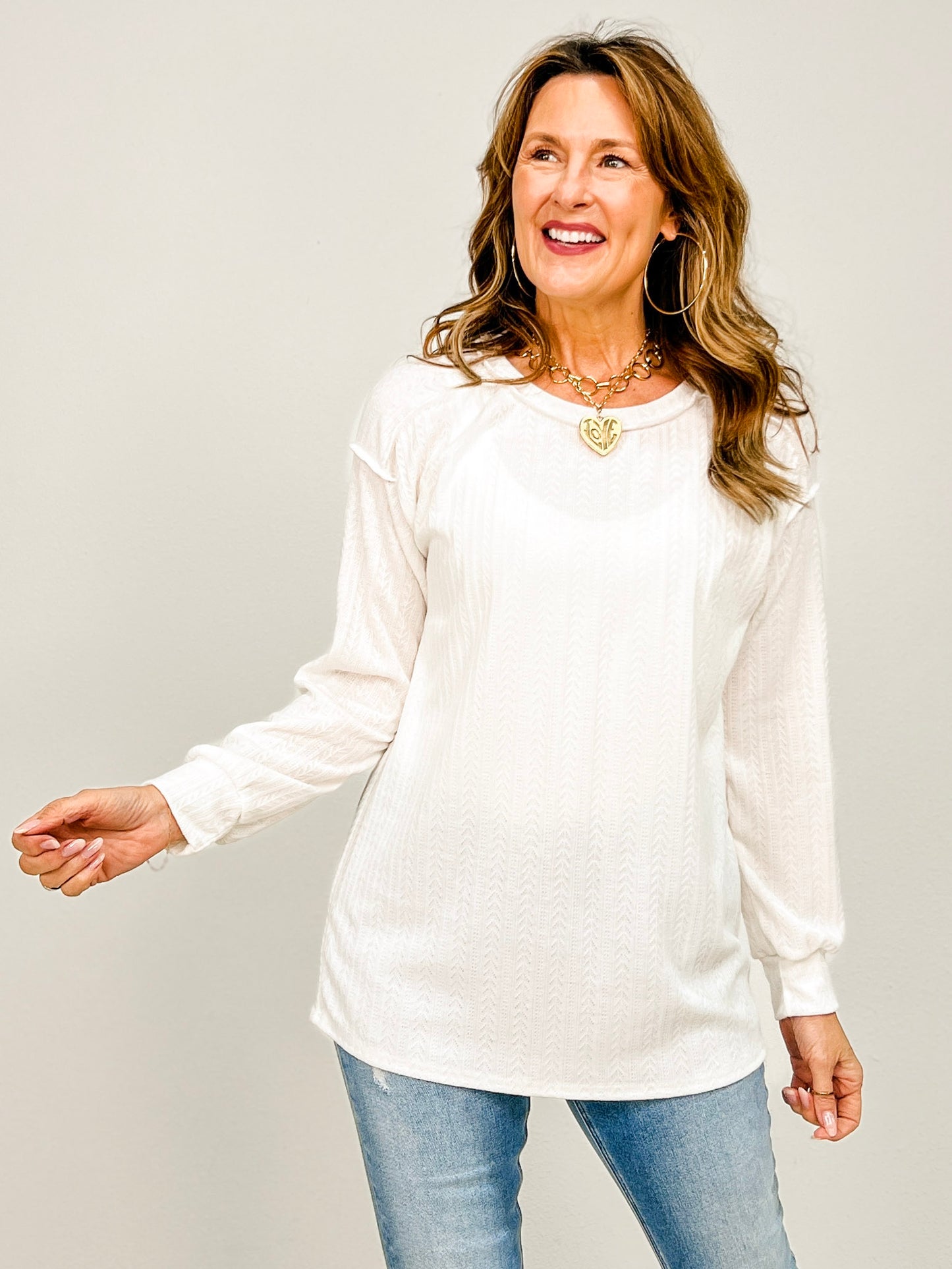 Long Sleeve Textured Knit Top with Round Neckline