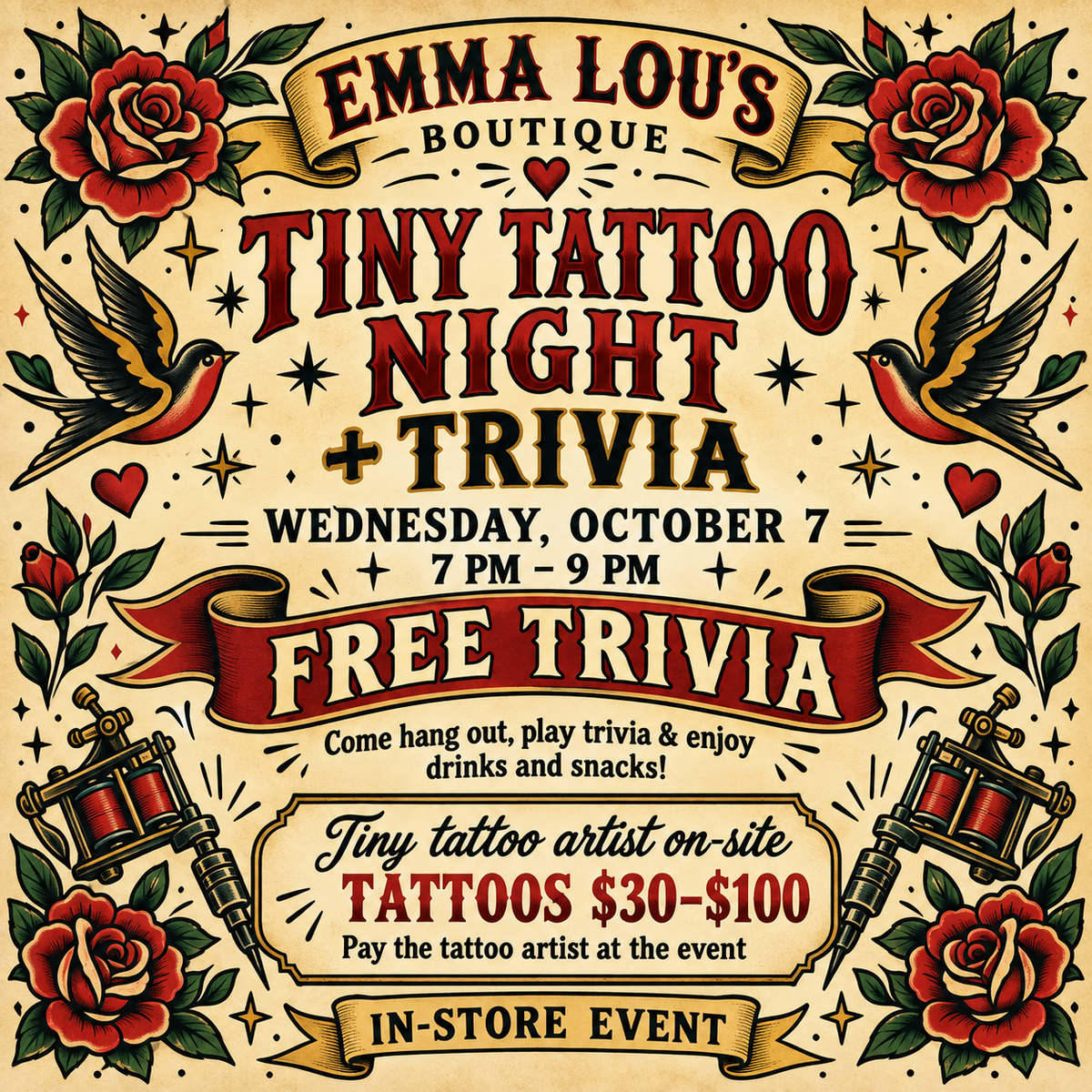 Tiny Tattoo & Trivia Night at Emma Lou's Boutique!