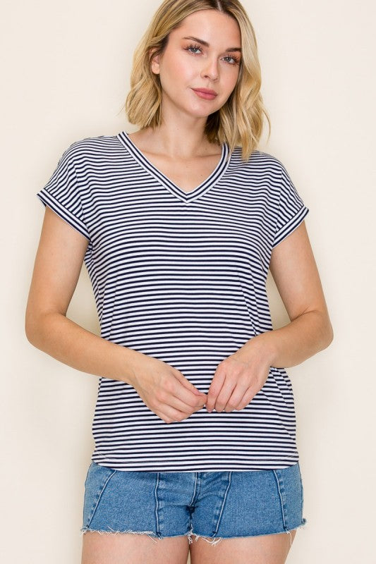 V-Neck Short Sleeve Striped Top
