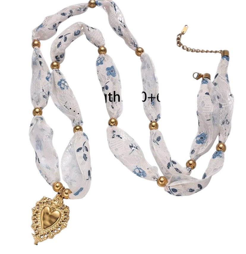 Silk Necklace Light Blue with Heart Charm