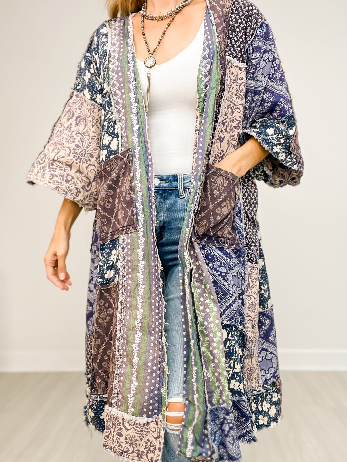 Washed Mix Media Open Front Pocket Cardigan