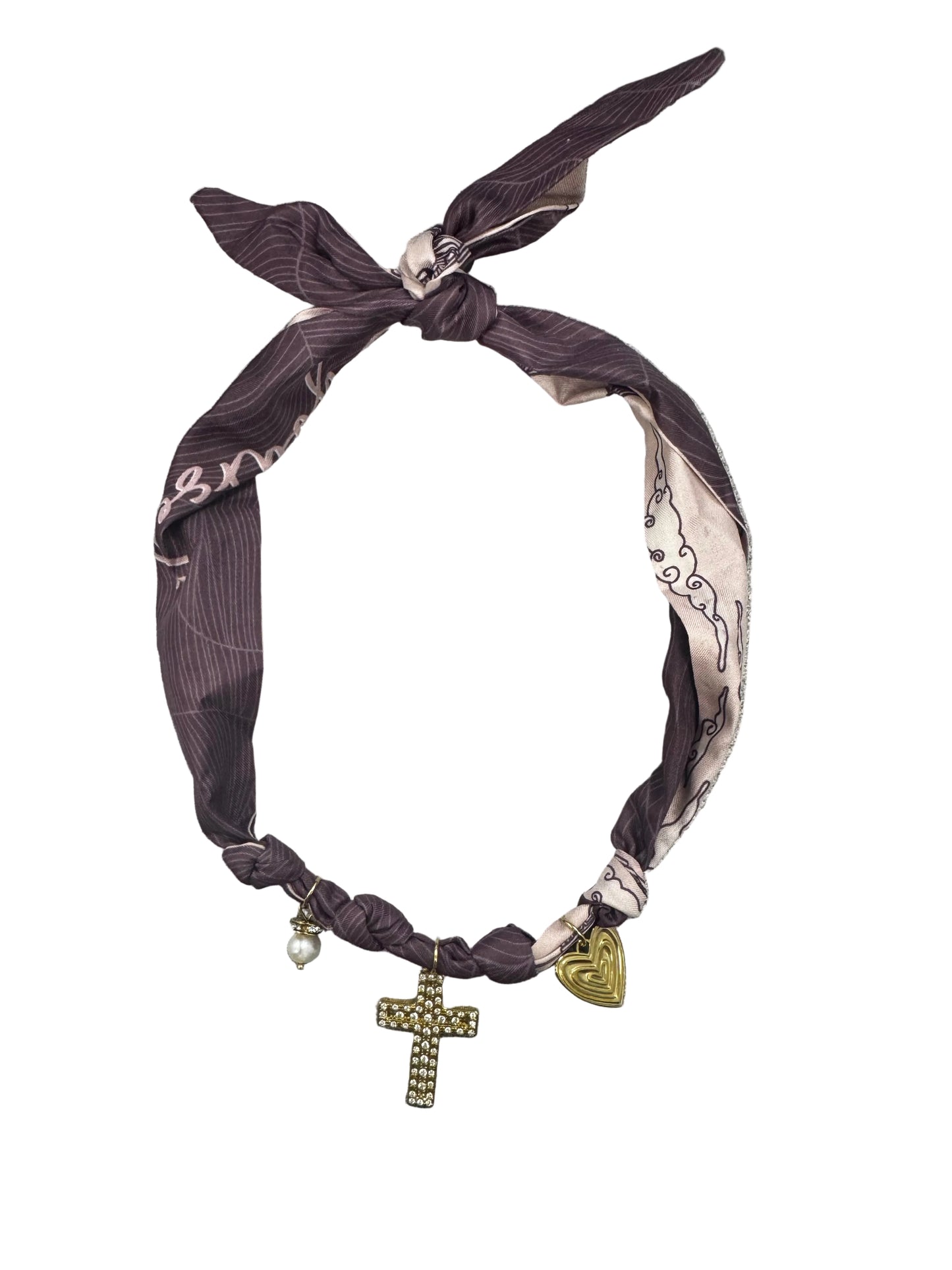 Plum Silk Scarf Necklace with CZ Cross Charm