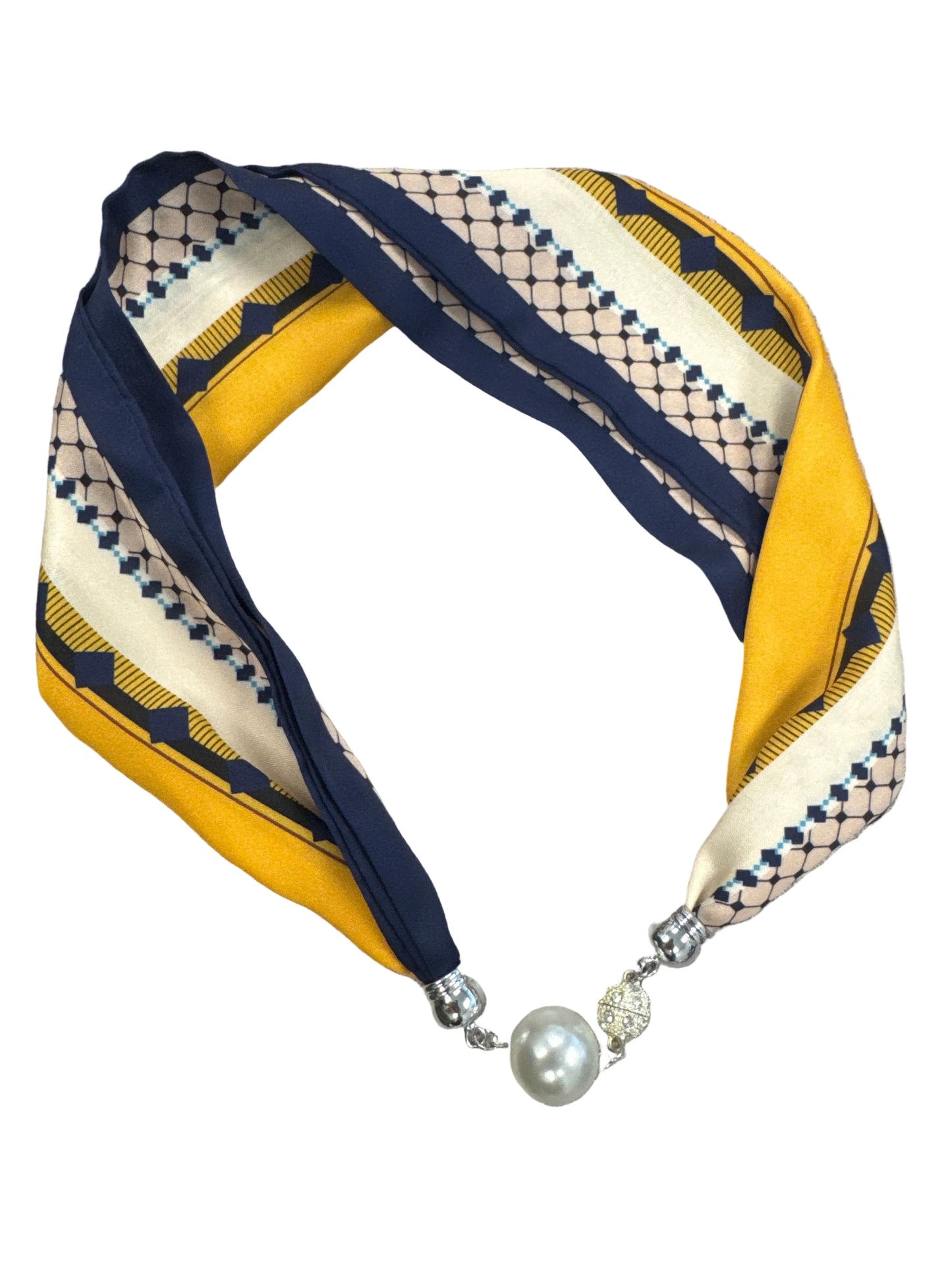 Silk Scarf Magnetic Closure Necklace - Yellow/Navy