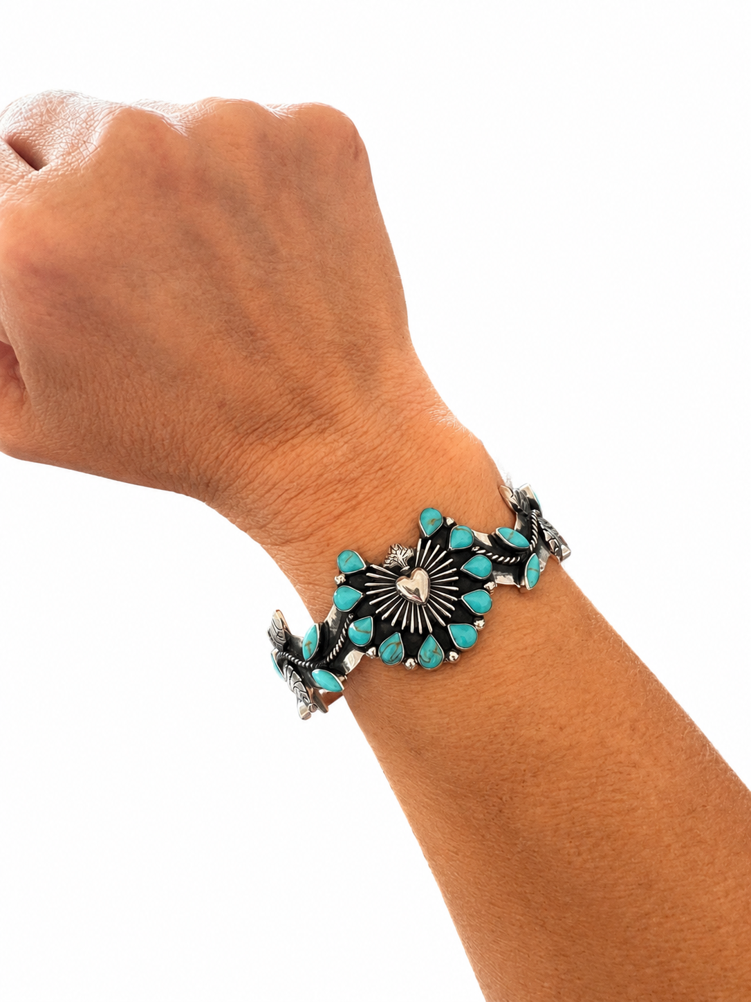 Sterling Silver Sacred Heart Turquoise Cuff
