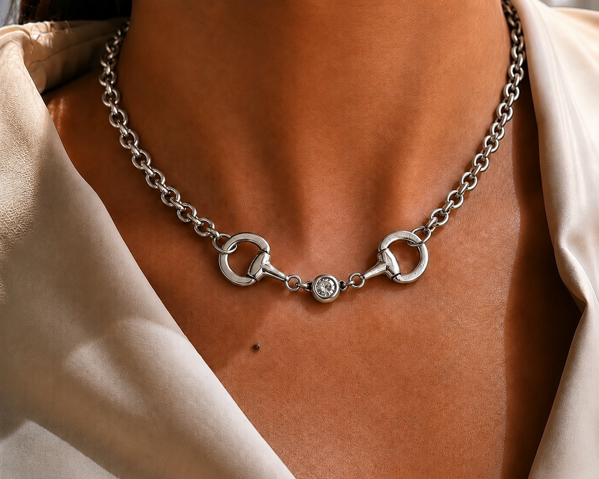 Vintage Sterling Plated Reproduction Horse Bit and Crystal Necklace