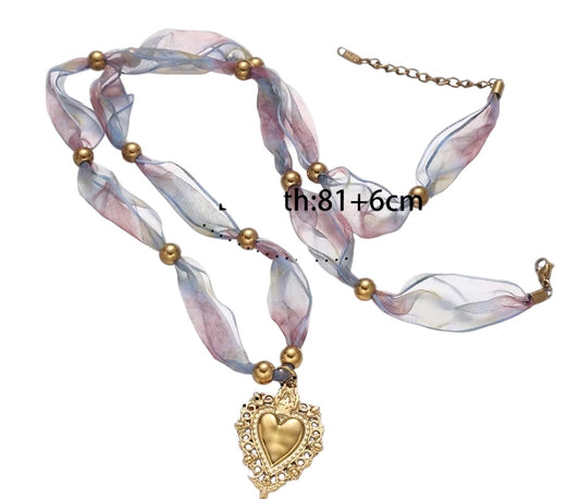 Silk Necklace Purple with Heart Charm