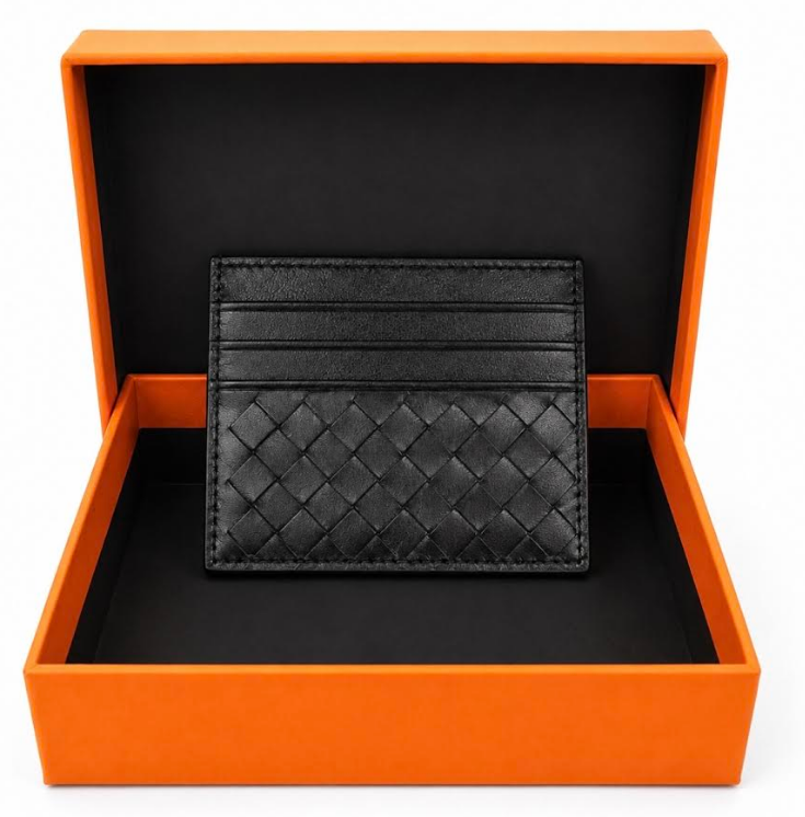 Leather Woven Credit Card Wallet -Black