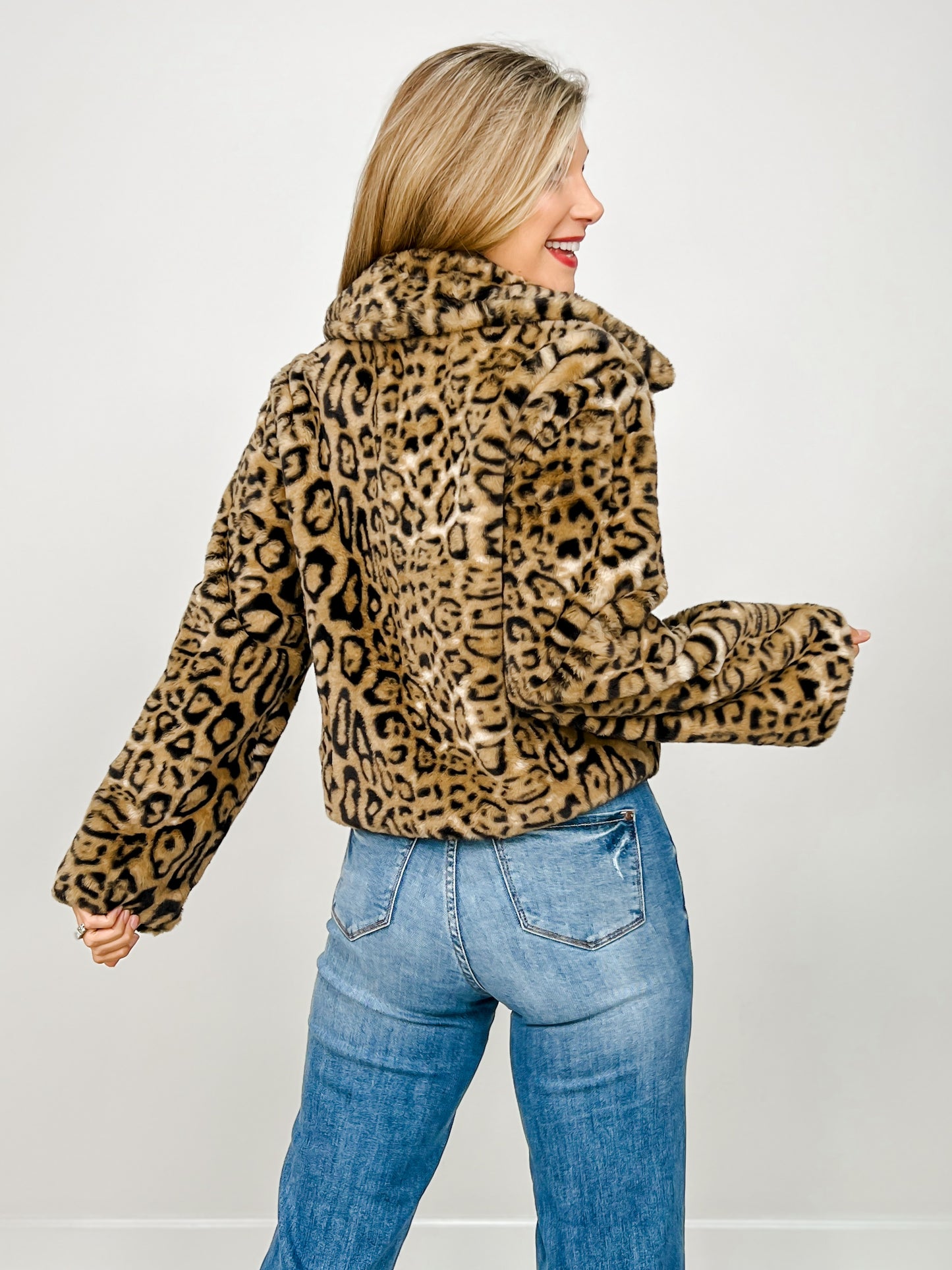 Zipper Closure Animal Print Faux Fur Jacket